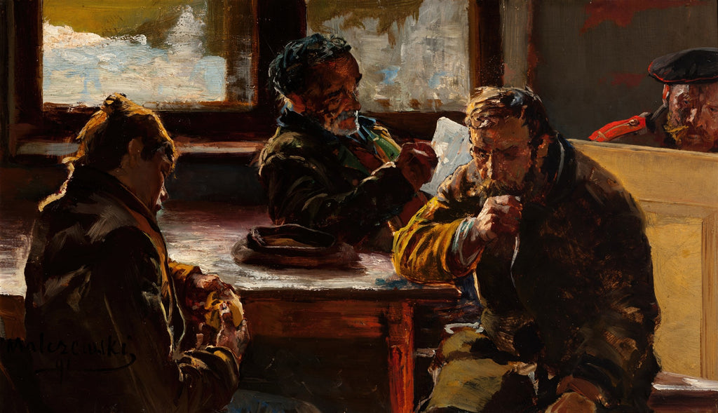 Quadro decorativo com pintura a óleo de Jacek Malczewski, retratando três figuras masculinas em uma mesa, com luz dramática vinda da janela, um homem lendo uma carta e outro observando. Tons terrosos e atmosfera contemplativa.