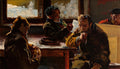 Quadro decorativo com pintura a óleo de Jacek Malczewski, retratando três figuras masculinas em uma mesa, com luz dramática vinda da janela, um homem lendo uma carta e outro observando. Tons terrosos e atmosfera contemplativa.