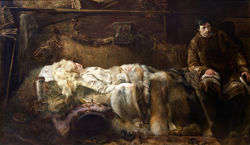 Quadro "A Morte de Ellenai" de Jacek Malczewski, mostrando uma mulher loira deitada sob peles e um homem sentado ao lado, em um ambiente rústico com iluminação dramática.