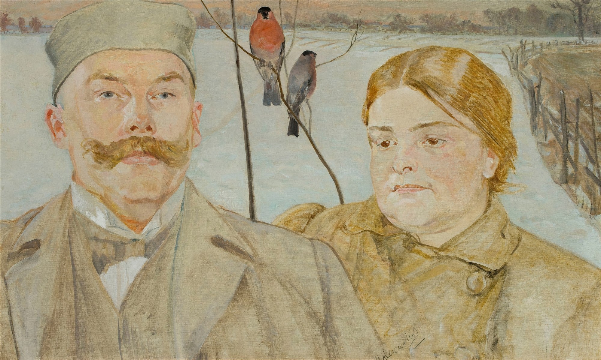 Quadro decorativo com autoretrato de Jacek Malczewski e Maria, com dois pássaros em um galho, em um cenário de inverno nevado. A pintura tem tons suaves e uma atmosfera melancólica.