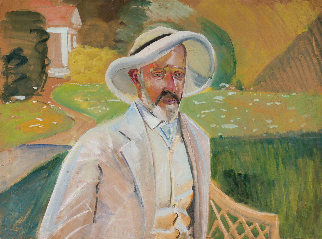 Retrato de um homem com chapéu claro, barba e bigode, em um jardim verde com uma casa ao fundo. O estilo é expressionista com pinceladas marcadas.