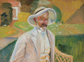 Retrato de um homem com chapéu claro, barba e bigode, em um jardim verde com uma casa ao fundo. O estilo é expressionista com pinceladas marcadas.