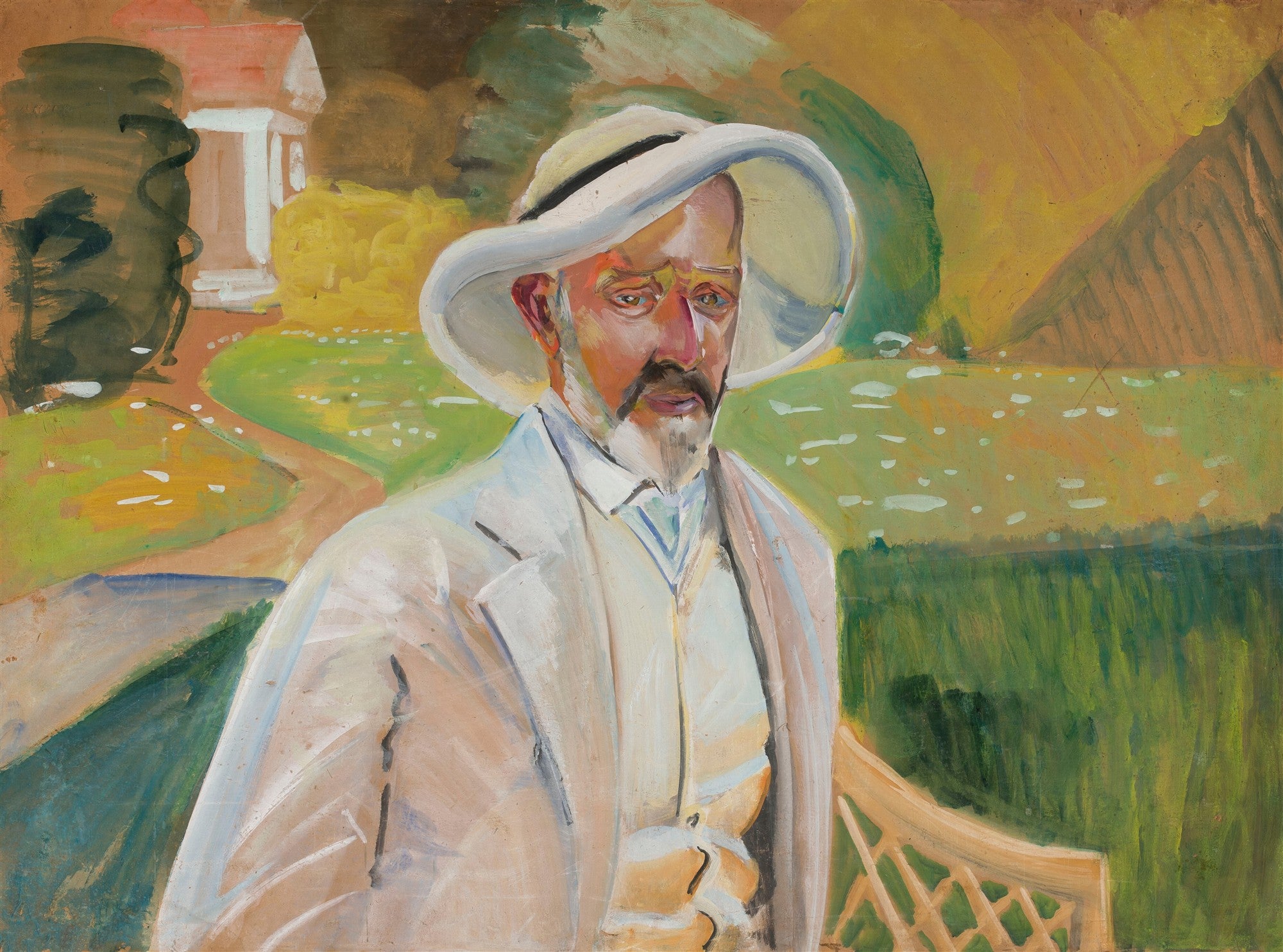 Retrato de um homem com chapéu claro, barba e bigode, em um jardim verde com uma casa ao fundo. O estilo é expressionista com pinceladas marcadas.