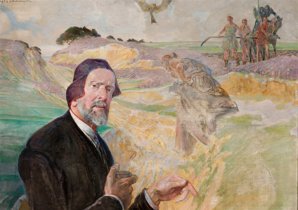 Autorretrato de Jacek Malczewski com figuras etéreas de Eumênides ao fundo, em paisagem campestre. Pintura a óleo com tons terrosos e azul-esverdeado.
