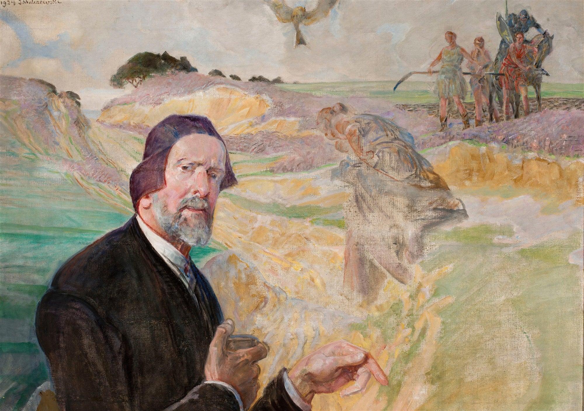 Autorretrato de Jacek Malczewski com figuras etéreas de Eumênides ao fundo, em paisagem campestre. Pintura a óleo com tons terrosos e azul-esverdeado.