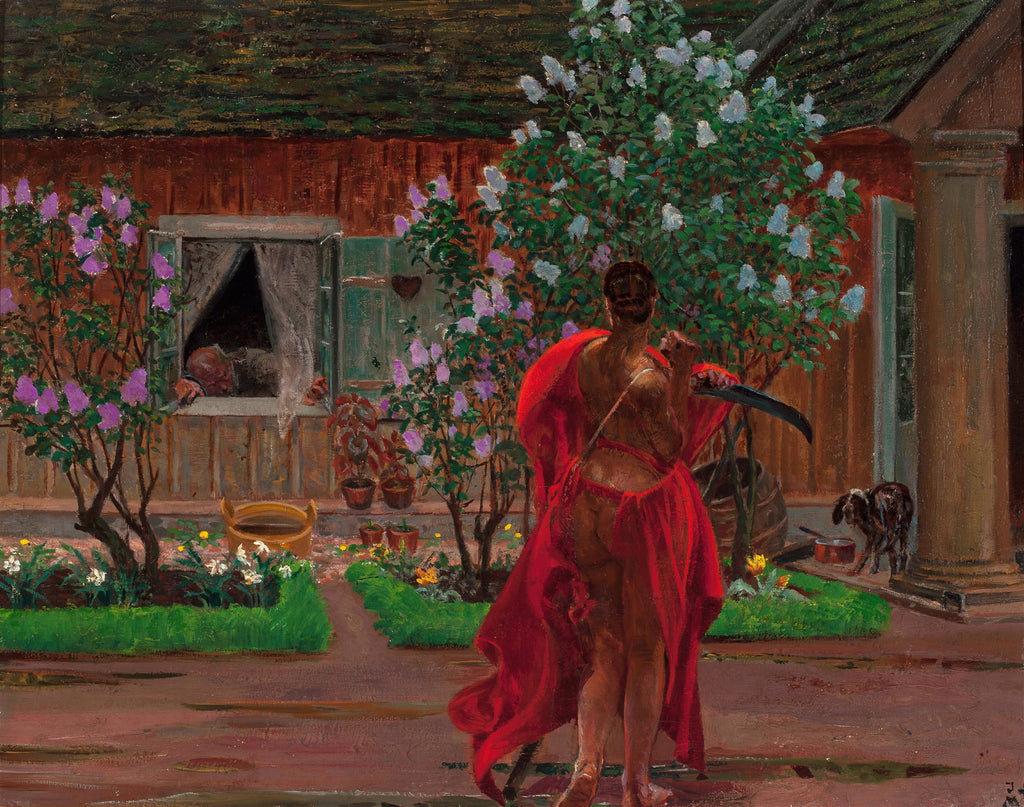 Quadro decorativo com figura feminina de costas, envolta em capa vermelha, segurando uma foice, em um jardim com arbustos de lilases e uma casa ao fundo, atribuído a Jacek Malczewski.