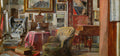 Quadro decorativo com pintura de um interior com uma poltrona, um piano e vários outros quadros pendurados na parede, em tons terrosos e quentes, do artista Jacek Malczewski.
