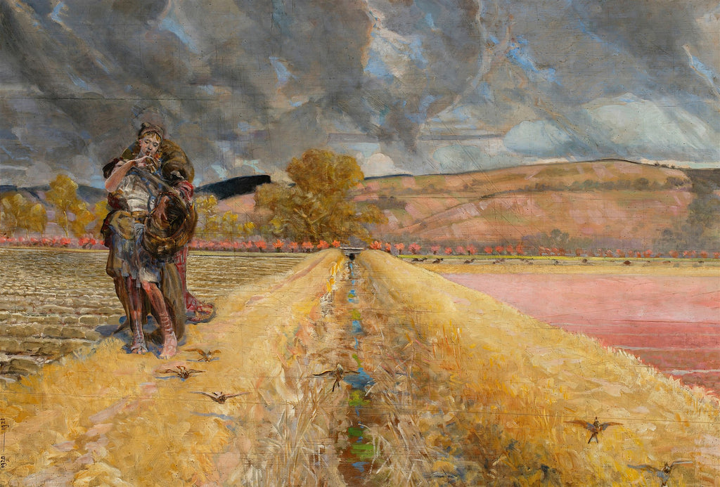 Quadro decorativo 'A Partida do Filho Pródigo' de Jacek Malczewski, exibindo uma figura melancólica em uma paisagem outonal sob um céu dramático.