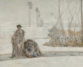 Pintura 'A Flecha Dourada' de Jacek Malczewski, mostrando uma figura feminina em um cenário de neve com árvores esparsas e uma paleta de cores frias.