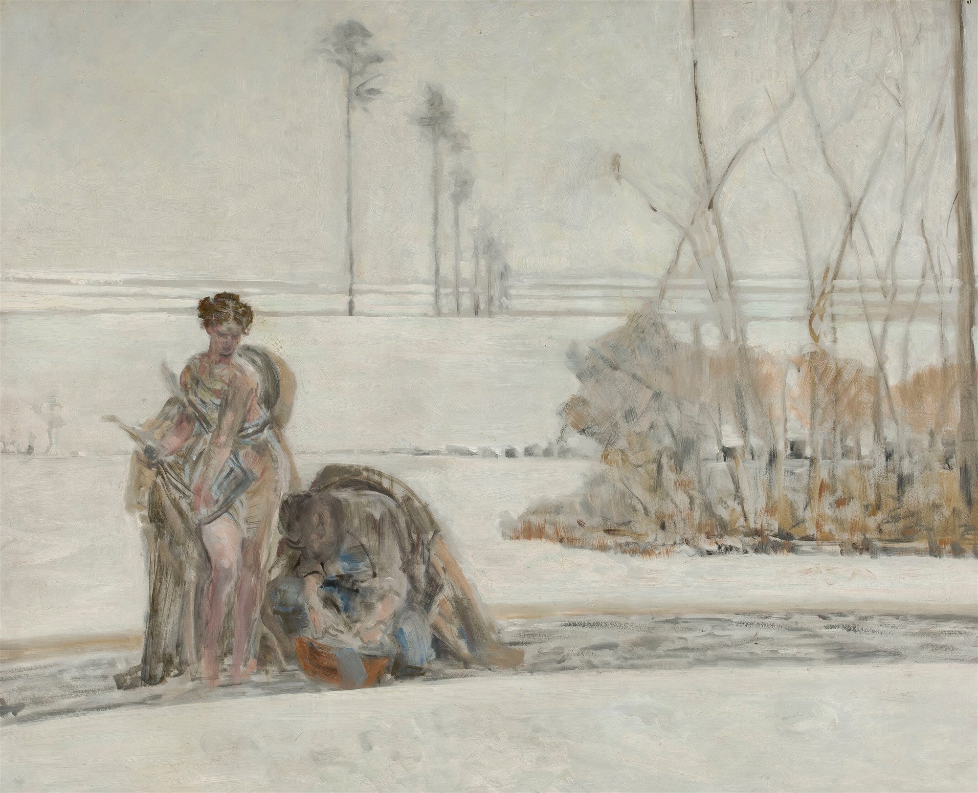 Pintura 'A Flecha Dourada' de Jacek Malczewski, mostrando uma figura feminina em um cenário de neve com árvores esparsas e uma paleta de cores frias.