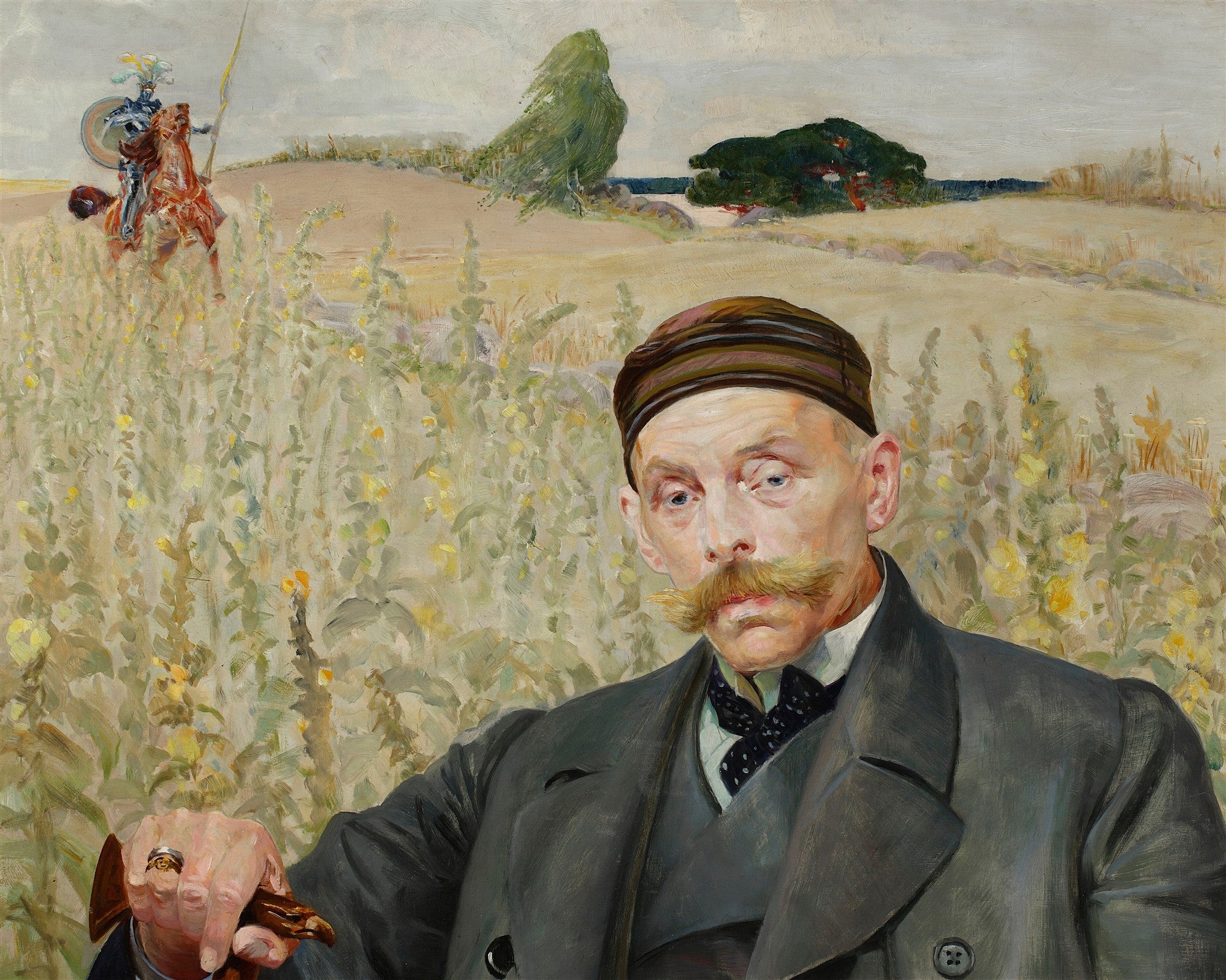 Quadro decorativo 'O Poeta e o Cavaleiro' de Jacek Malczewski, mostrando um homem de bigodes e chapéu olhando para frente, com um cavaleiro ao fundo em um campo. O homem segura um bastão. Cores terrosas e um cavaleiro medieval ao longe.