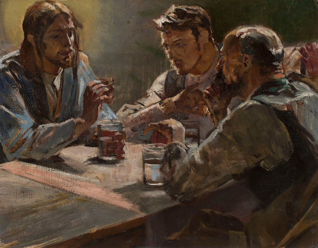 Quadro decorativo "A Ceia de Emaús" de Jacek Malczewski, mostrando três figuras masculinas sentadas à mesa, com Jesus no centro, revelando sua identidade aos discípulos, em tons terrosos e azuis com iluminação dramática.