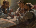 Quadro decorativo "A Ceia de Emaús" de Jacek Malczewski, mostrando três figuras masculinas sentadas à mesa, com Jesus no centro, revelando sua identidade aos discípulos, em tons terrosos e azuis com iluminação dramática.