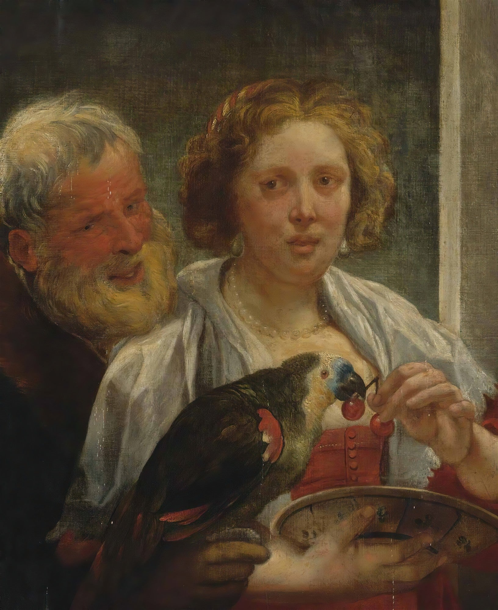 Quadro decorativo 'A Oferta de Cerejas' de Jacob Jordaens, mostrando um homem barbudo e uma mulher alimentando um papagaio com cerejas, em estilo barroco flamengo.