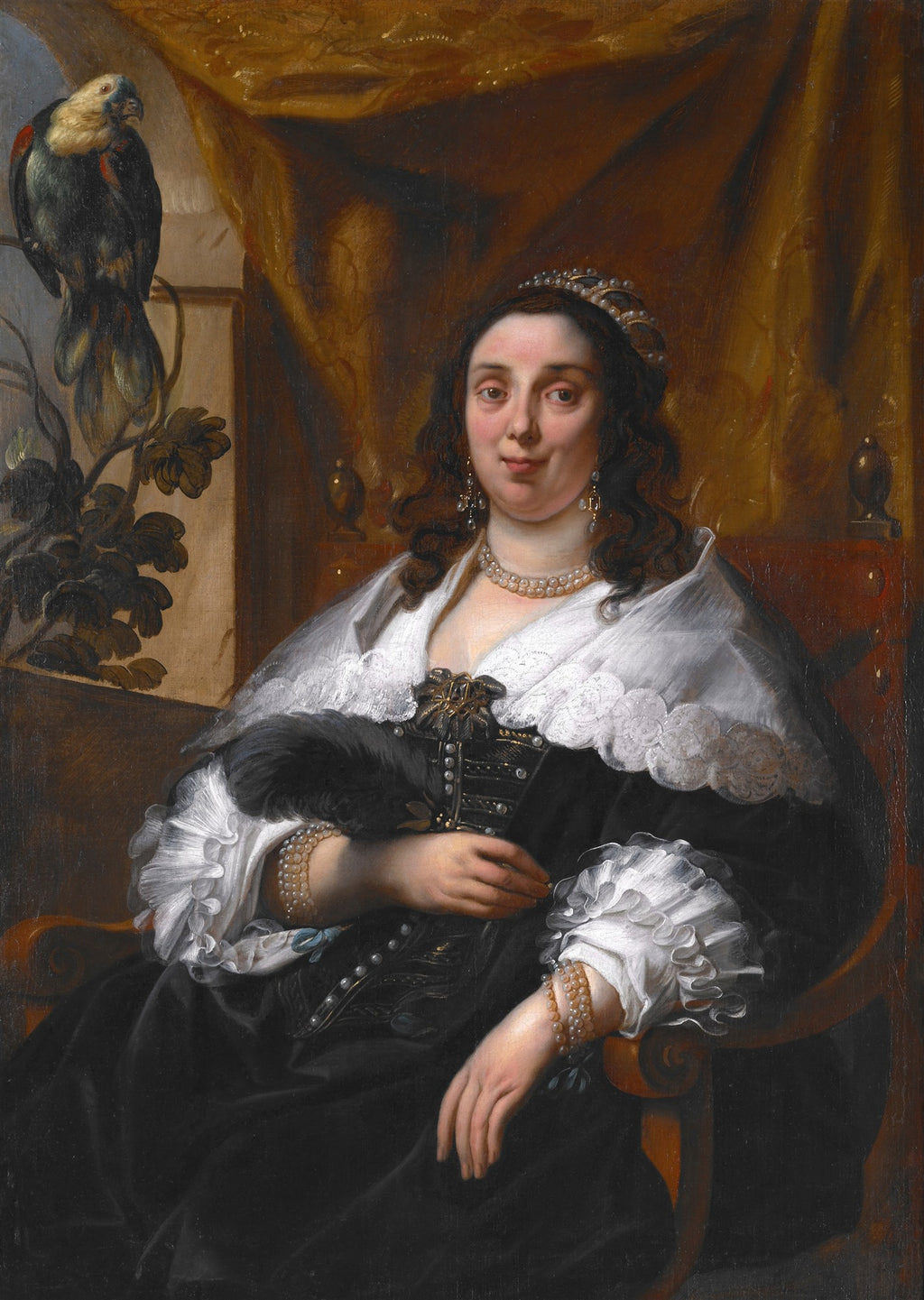 Retrato de uma dama com vestes escuras e colarinho branco, adornada com joias e uma coroa, sentada em uma cadeira, com um papagaio em um galho ao fundo. A pintura possui tons escuros e ricos, característicos do estilo barroco.