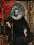 Retrato de um cavalheiro com bigode e barbicha, vestindo um manto escuro e uma gola de renda branca, sentado em uma cadeira ornamentada com detalhes dourados e vermelhos, contra um fundo com uma cortina vermelha e uma arquitetura clássica. Atribuído a Jacob Jordaens.