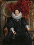 Retrato de uma senhora em vestes escuras e rufo branco, sentada em uma cadeira luxuosa, com cortina vermelha ao fundo, em estilo barroco por Jacob Jordaens.