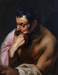 Quadro decorativo mostrando um homem barbudo com feições pensativas, mão no queixo, envolto em um tecido rosa claro, com fundo escuro. Obra de Jacob Jordaens.