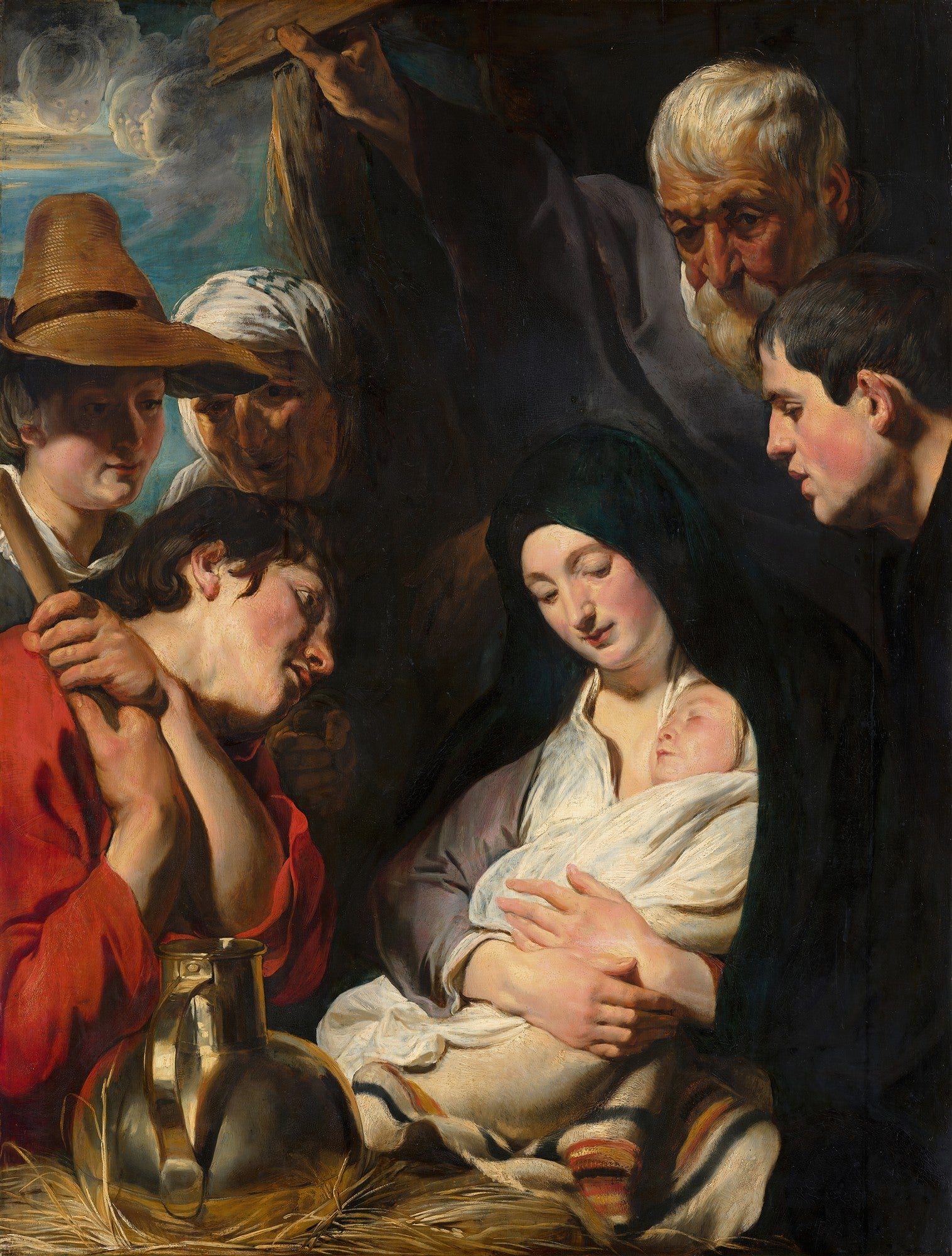 Quadro decorativo 'A Adoração dos Pastores' de Jacob Jordaens, representando Maria, José, o Menino Jesus e pastores, com iluminação dramática barroca.