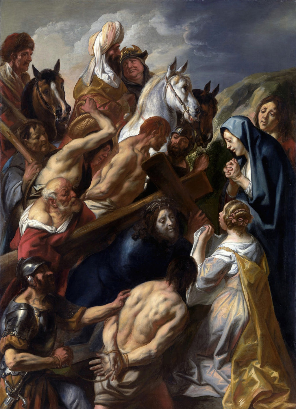 Pintura barroca de Jacob Jordaens, "O Caminho do Calvário", mostrando Jesus carregando a cruz com Maria e outras figuras ao redor, com emoção e drama em tons escuros e terrosos.