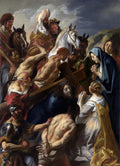 Pintura barroca de Jacob Jordaens, "O Caminho do Calvário", mostrando Jesus carregando a cruz com Maria e outras figuras ao redor, com emoção e drama em tons escuros e terrosos.