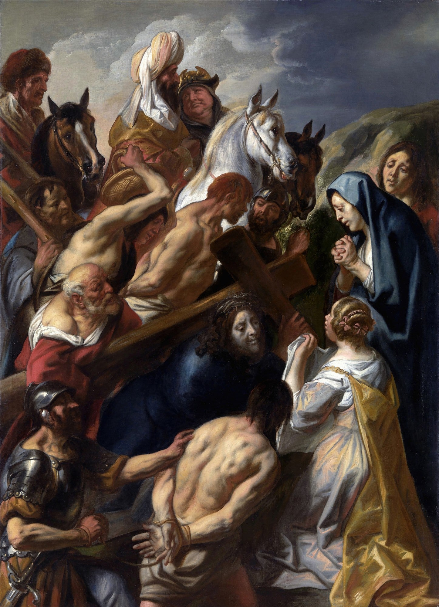 Pintura barroca de Jacob Jordaens, "O Caminho do Calvário", mostrando Jesus carregando a cruz com Maria e outras figuras ao redor, com emoção e drama em tons escuros e terrosos.