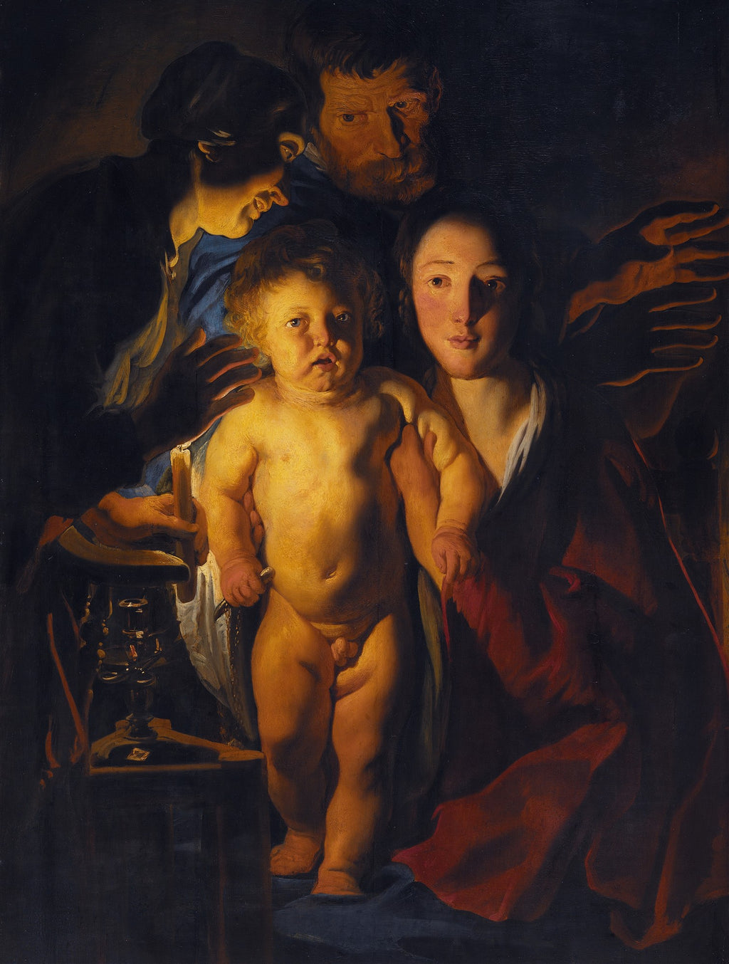 Quadro decorativo 'A Sagrada Família à Luz de Velas' de Jacob Jordaens, mostrando Maria, José e o Menino Jesus iluminados por uma fonte de luz central, com contrastes dramáticos de claro e escuro.