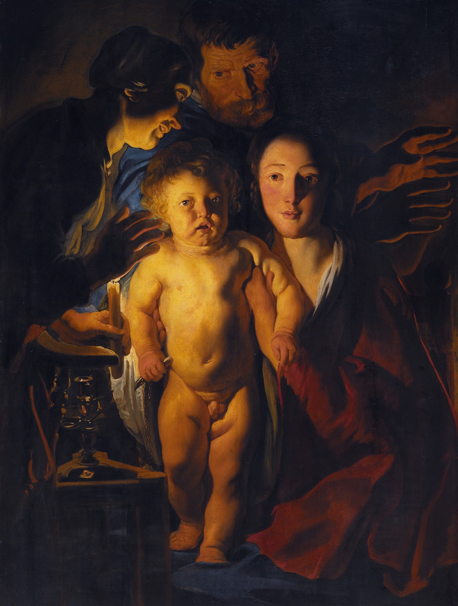 Quadro decorativo 'A Sagrada Família à Luz de Velas' de Jacob Jordaens, mostrando Maria, José e o Menino Jesus iluminados por uma fonte de luz central, com contrastes dramáticos de claro e escuro.