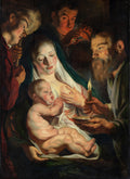 Pintura barroca de Jacob Jordaens, "A Adoração dos Pastores", mostrando Maria, José e pastores admirando o Menino Jesus iluminado por uma vela, em tons escuros e dramáticos.