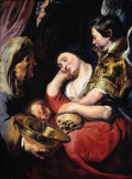 Quadro decorativo da pintura 'A Penitente Madalena' de Jacob Jordaens, mostrando Maria Madalena em contemplação com um crânio, uma figura feminina mais velha e um anjo, com uma cobra na mão de uma figura sombria no canto superior esquerdo. Cores ricas e sombrias características do estilo barroco.