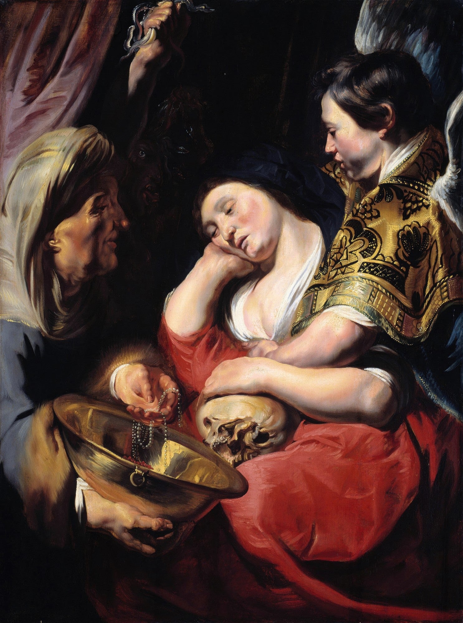 Quadro decorativo da pintura 'A Penitente Madalena' de Jacob Jordaens, mostrando Maria Madalena em contemplação com um crânio, uma figura feminina mais velha e um anjo, com uma cobra na mão de uma figura sombria no canto superior esquerdo. Cores ricas e sombrias características do estilo barroco.