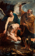 Pintura barroca de Jacob Jordaens, 'O Sacrifício de Isaac', mostrando Abraão com uma faca, Isaac ajoelhado e um anjo intervindo com asas brancas.