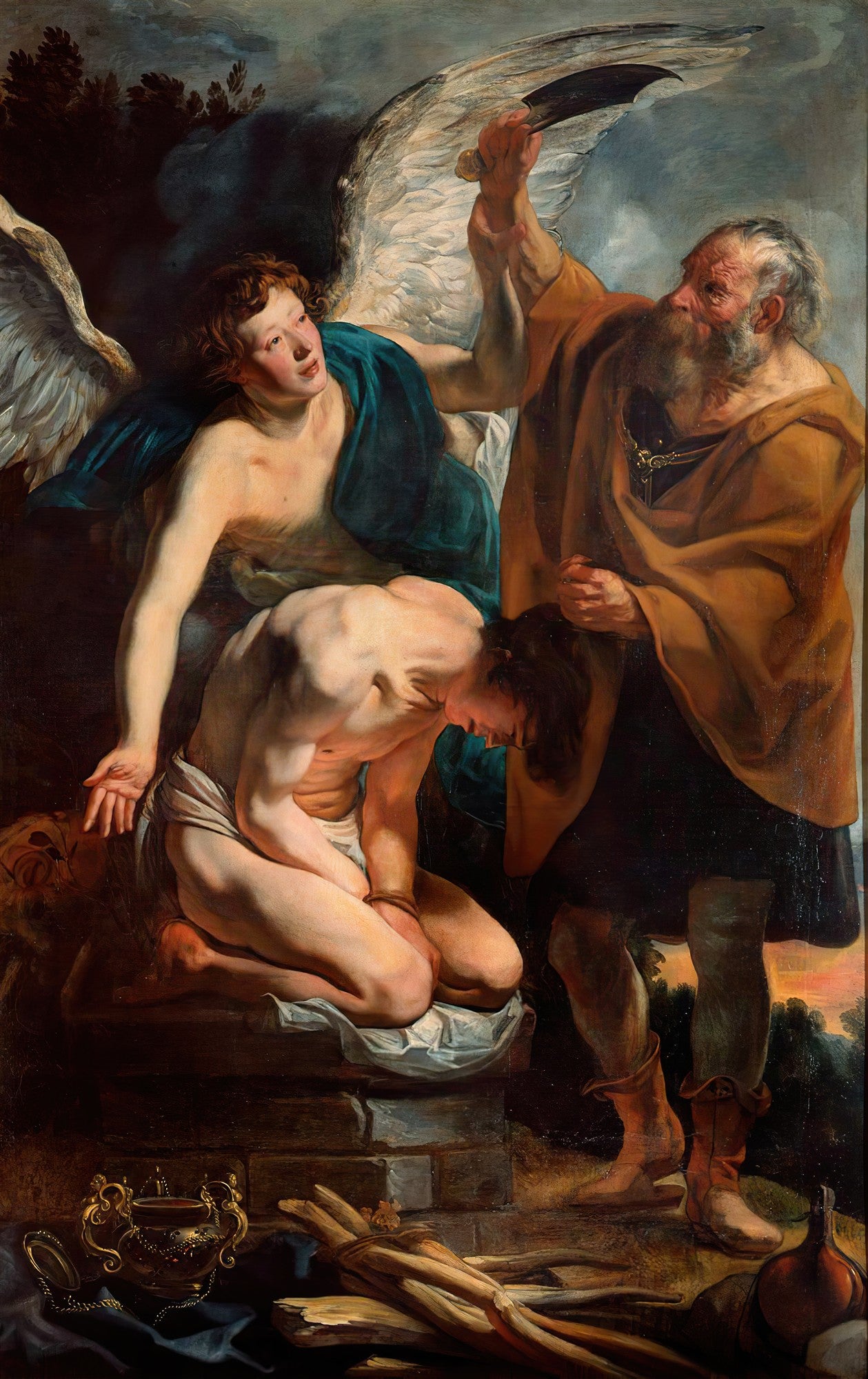 Pintura barroca de Jacob Jordaens, 'O Sacrifício de Isaac', mostrando Abraão com uma faca, Isaac ajoelhado e um anjo intervindo com asas brancas.