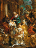 Quadro decorativo 'A Adoração dos Magos' de Jacob Jordaens, mostrando Maria, José e os Reis Magos adorando o Menino Jesus em um presépio com animais e outras figuras. Pintura barroca com cores ricas e iluminação dramática.