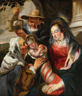 Quadro decorativo detalhando a obra 'A Sagrada Família' de Jacob Jordaens, mostrando figuras bíblicas como Maria, o menino Jesus, uma mulher idosa e um homem com uma gaiola, em um estilo barroco com cores ricas e luz dramática.