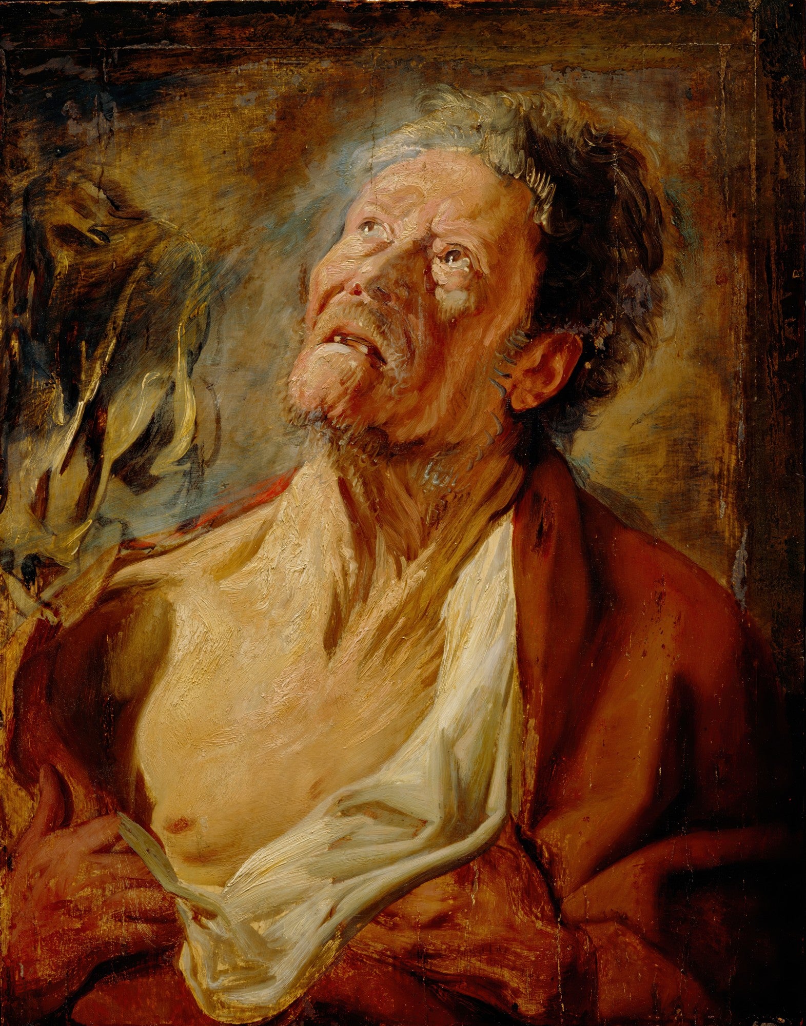Quadro decorativo detalhado de uma pintura a óleo do século XVII, retratando o rosto de um homem idoso com barba e cabelo grisalhos, olhando para cima com uma expressão de sofrimento ou súplica. A luz incide dramaticamente sobre seu rosto e ombros nus, enquanto o fundo é escuro e texturizado. A obra é atribuída a Jacob Jordaens e possui uma paleta de cores terrosas.
