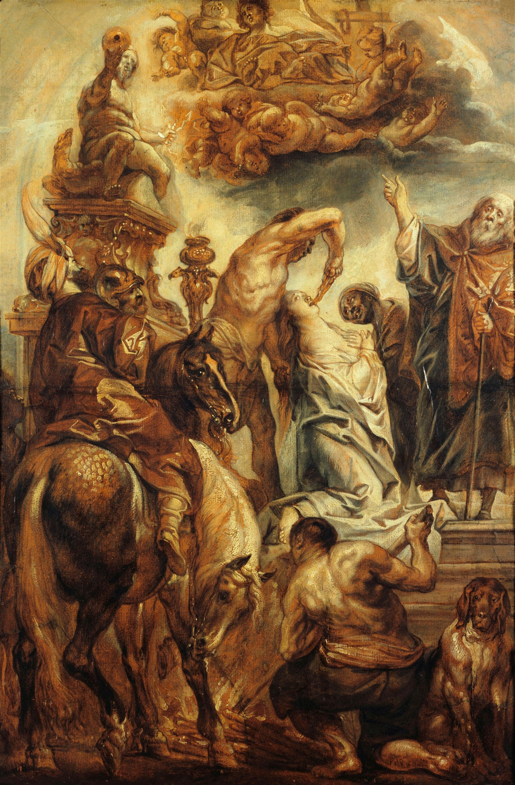 Pintura barroca de Jacob Jordaens, 'O Martírio de Santa Apolônia', retratando uma cena dramática com múltiplos personagens em tons terrosos e dourados, com anjos no céu.