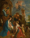 Quadro decorativo 'A Adoração dos Pastores' de Jacob Jordaens, mostrando a Virgem Maria e São José com o Menino Jesus, cercados por pastores e anjos, em estilo barroco flamengo.