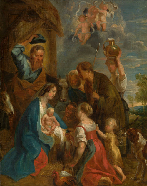 Quadro decorativo 'A Adoração dos Pastores' de Jacob Jordaens, mostrando a Virgem Maria e São José com o Menino Jesus, cercados por pastores e anjos, em estilo barroco flamengo.