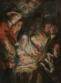 Pintura a óleo barroca de Jacob Jordaens, 'A Adoração dos Pastores', com Maria, José, o Menino Jesus e pastores, iluminados por uma vela em um cenário escuro, com anjos no topo.