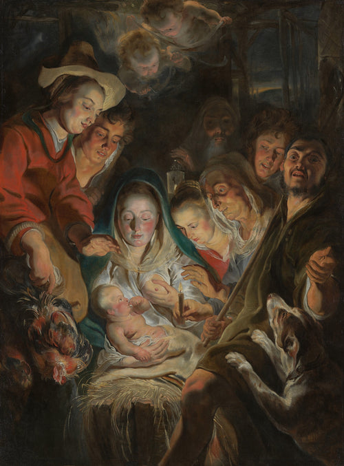 Pintura a óleo barroca de Jacob Jordaens, 'A Adoração dos Pastores', com Maria, José, o Menino Jesus e pastores, iluminados por uma vela em um cenário escuro, com anjos no topo.