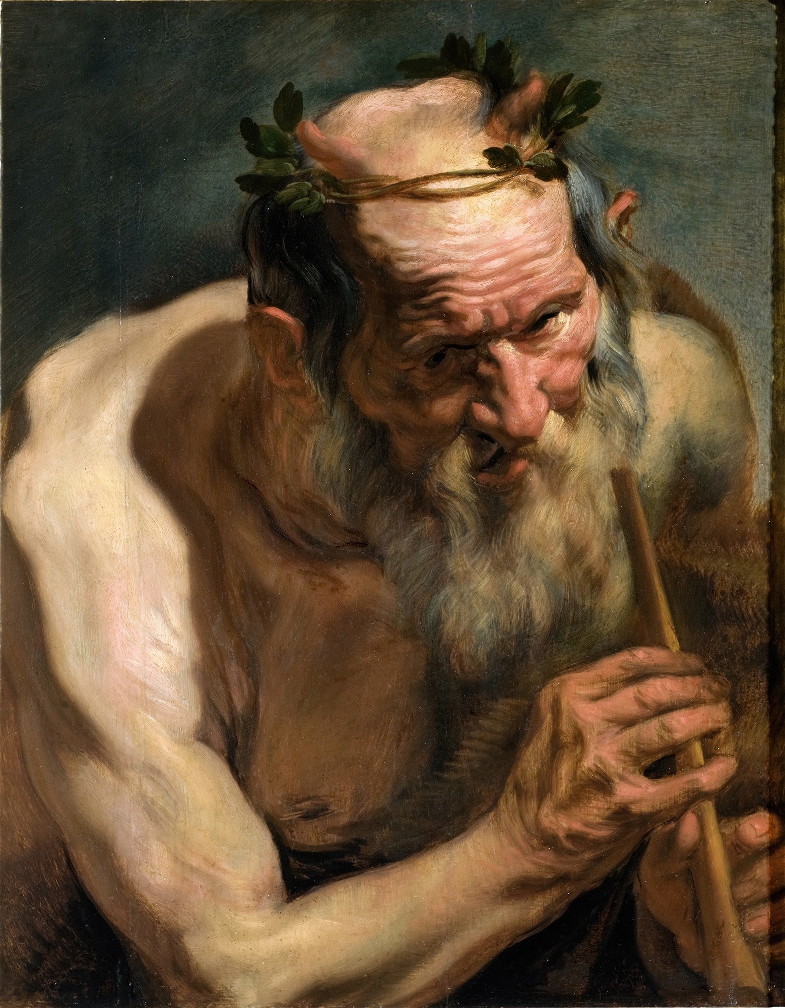 Retrato em close-up de um sátiro idoso barbudo com coroa de louros, tocando flauta, em estilo barroco de Jacob Jordaens.