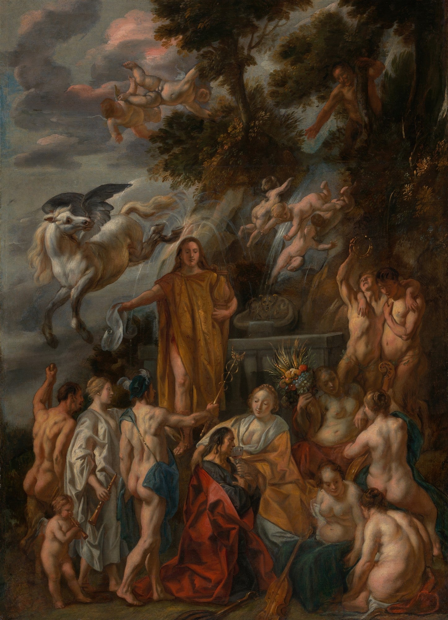 Pintura barroca de Jacob Jordaens, 'A Fonte de Hipocrene', mostrando o cavalo alado Pegasus, Apolo e as Musas em uma cena mitológica vibrante, com muitos personagens e detalhes.