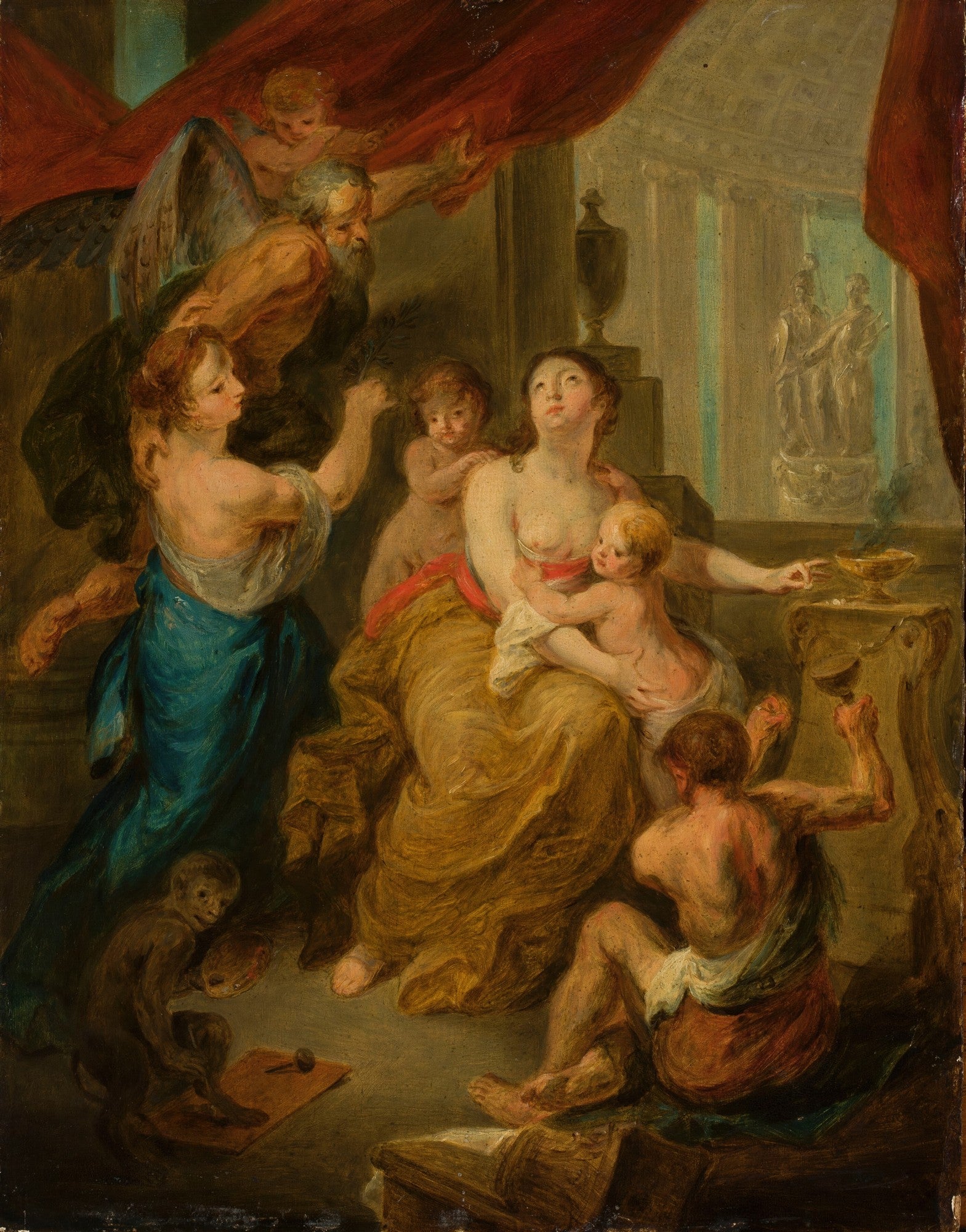 Pintura barroca de Jacob Jordaens, 'A Oferta a Ceres', mostrando figuras mitológicas, incluindo uma mulher com crianças, um homem alado e outros personagens em uma cena de oferenda e devoção.
