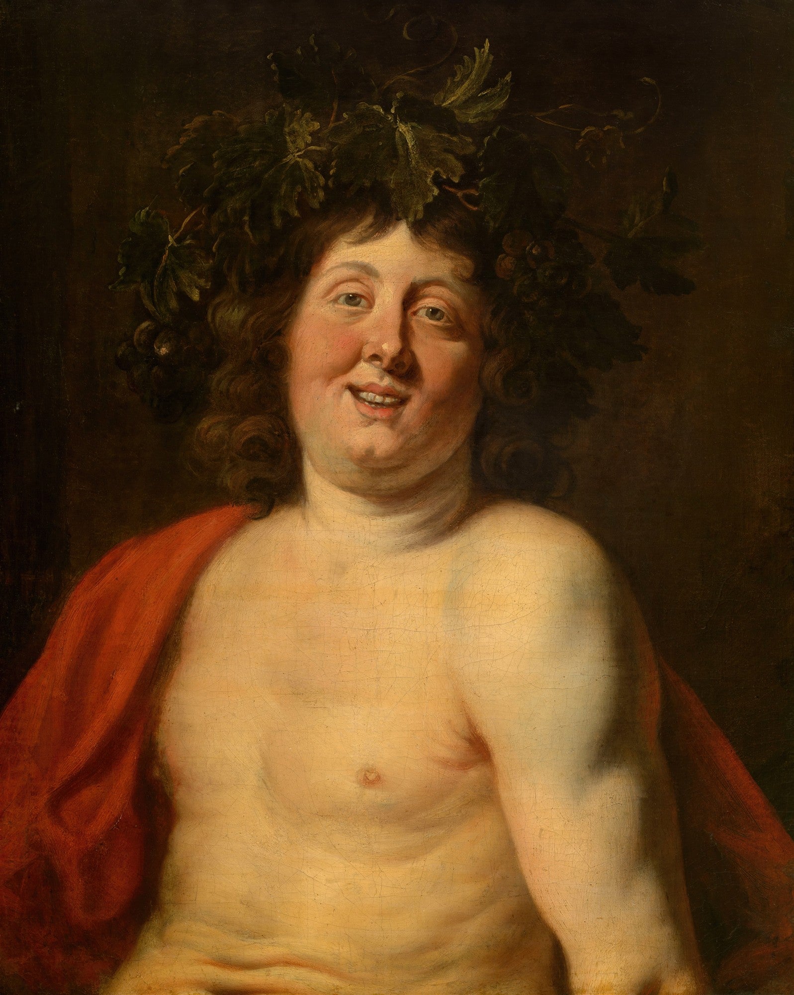Retrato de Baco Jovem de Jacob Jordaens, mostrando um homem sorrindo com cachos e coroa de folhas de videira e uvas, com um manto vermelho sobre o ombro. Obra barroca com fundo escuro.