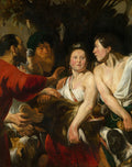 Quadro decorativo com cena barroca de caça, mostrando figuras humanas robustas e um javali, atribuído a Jacob Jordaens.