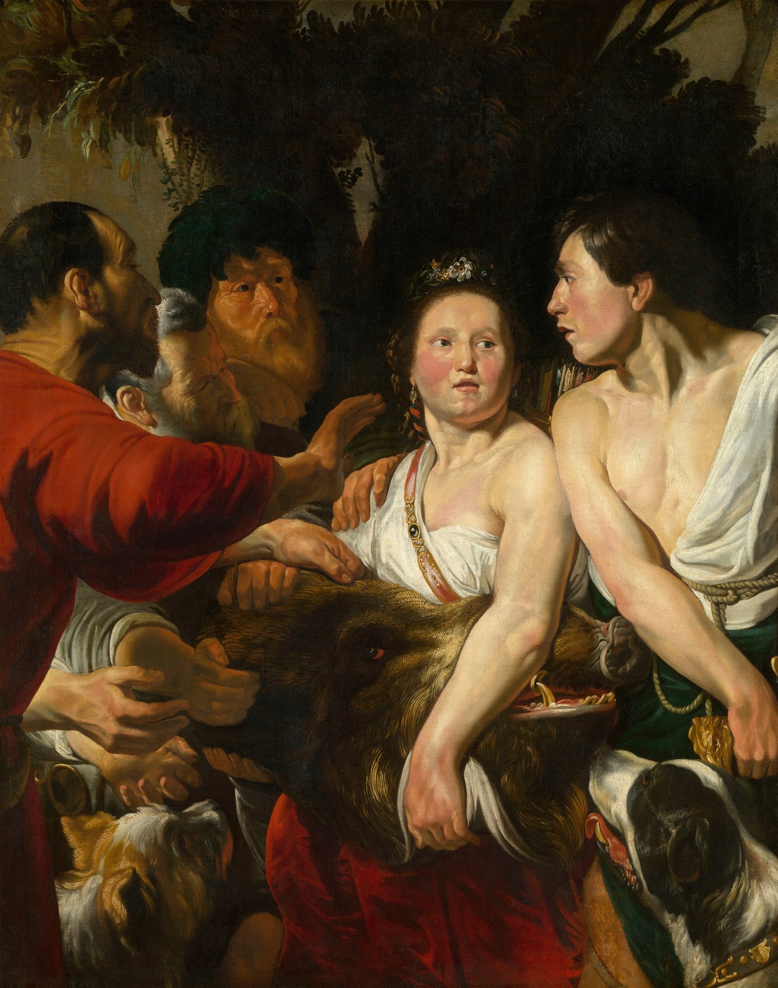 Quadro decorativo com cena barroca de caça, mostrando figuras humanas robustas e um javali, atribuído a Jacob Jordaens.