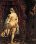 Uma pintura barroca de Jacob Jordaens retratando Susana nua saindo do banho, com dois homens idosos a espreitando. A mulher está de costas, com um tecido branco sobre ela, e um cachorro pequeno a seus pés. Cores escuras e rica em detalhes.