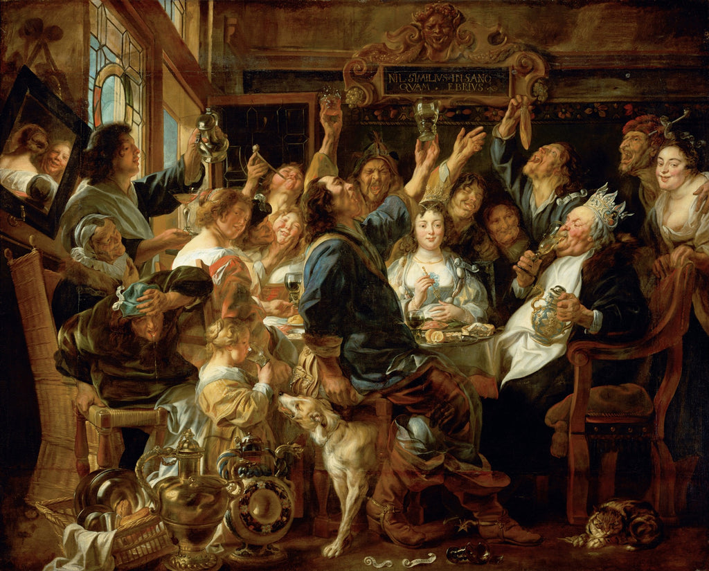 Quadro decorativo detalhado de "O Rei Bebe" de Jacob Jordaens, mostrando uma cena festiva e animada com várias pessoas bebendo e se divertindo em um ambiente interior, com o "rei" ao centro coroado.
