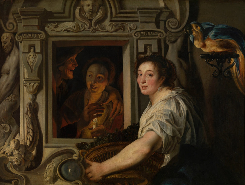 Quadro decorativo 'A Oferta de Frutas' de Jacob Jordaens. Uma mulher com um cesto de uvas olha para o espectador, enquanto uma cena dentro de uma moldura, iluminada por uma vela, mostra figuras interagindo. Um papagaio azul e dourado está à direita e esculturas ornamentadas decoram a moldura.